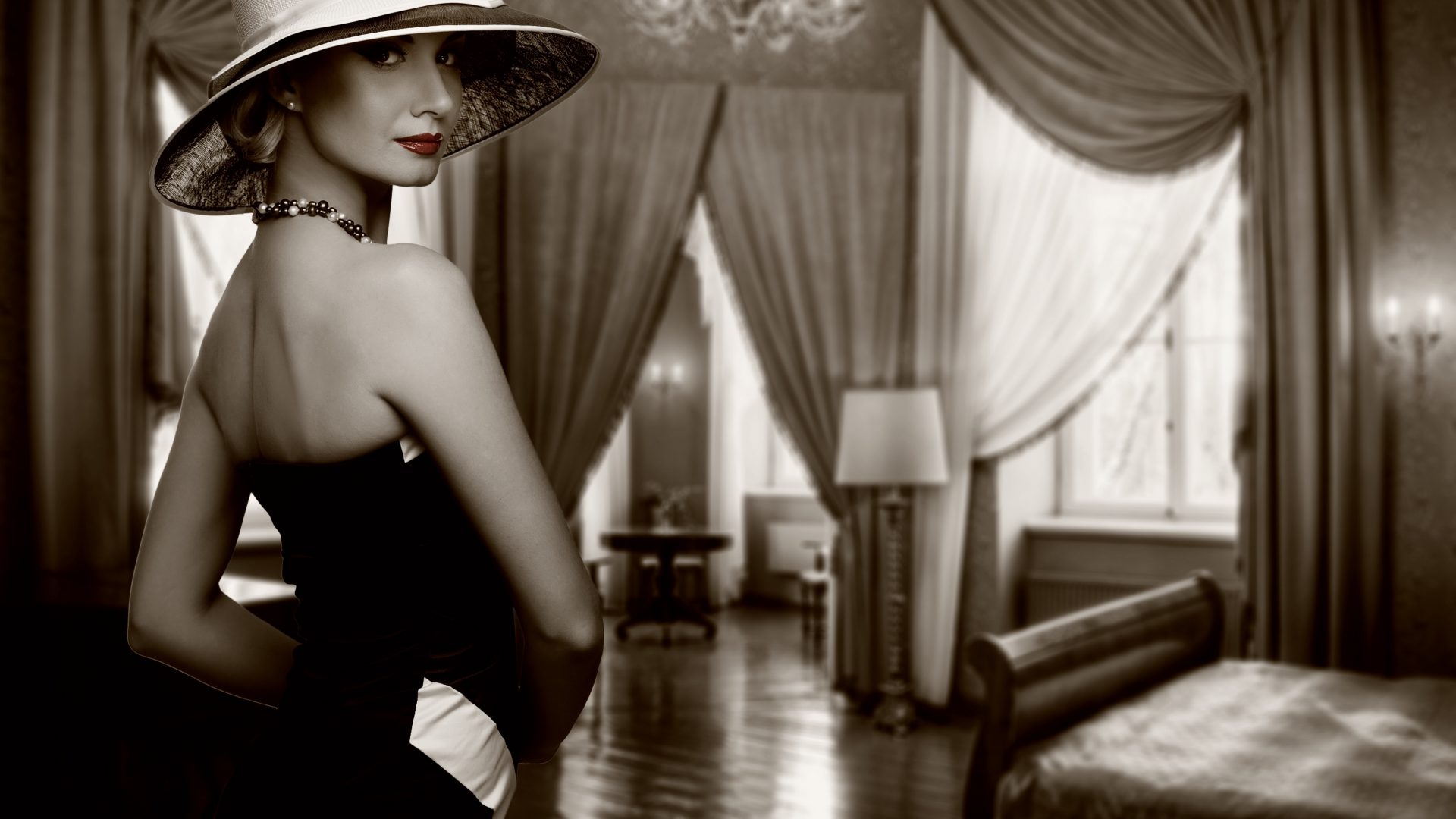 Sepia image of fashionable woman in Hotel Belleclaire